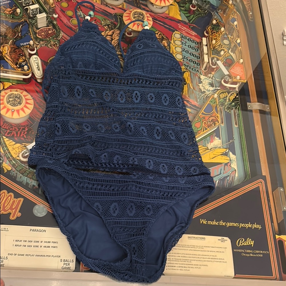 Ralph Lauren Blue Crochet One-Piece Swimsuit